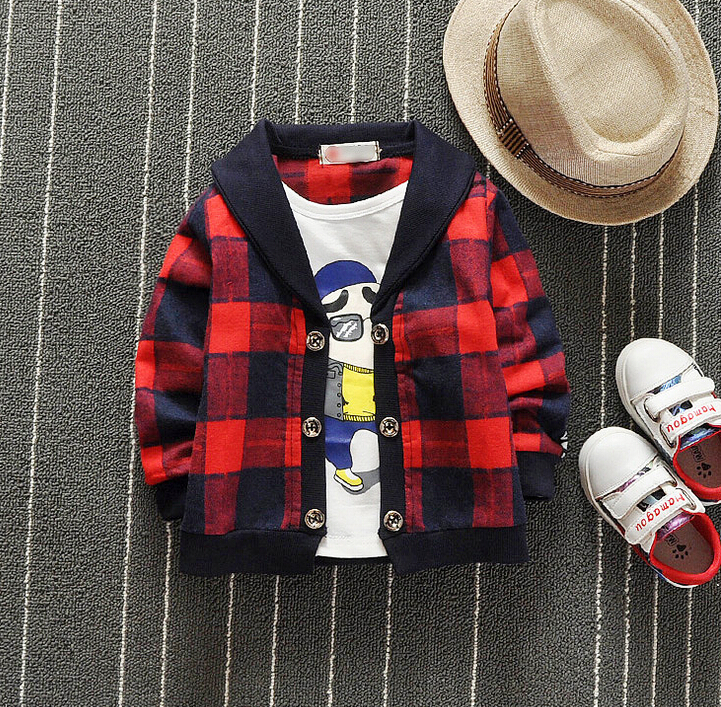 最新の偽二枚男の子トップス長袖格子縞の服-キッズ服　シャツ、トップス問屋・仕入れ・卸・卸売り