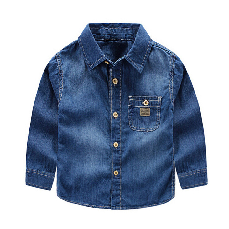シンプルなワンポケット長袖シャツ用男の子デニムブラウス-キッズ服　シャツ、トップス問屋・仕入れ・卸・卸売り