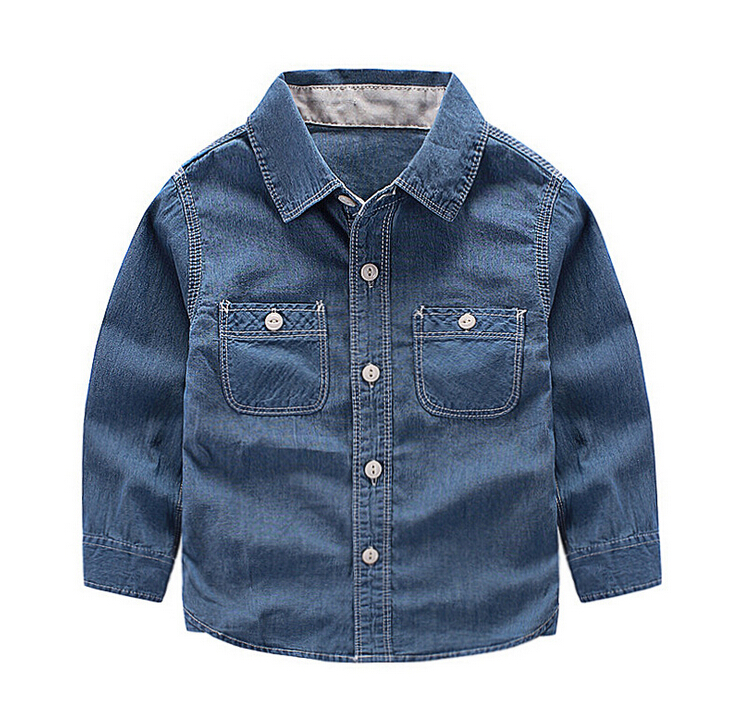 シンプルな男の子デニムシャツ長袖-キッズ服　シャツ、トップス問屋・仕入れ・卸・卸売り