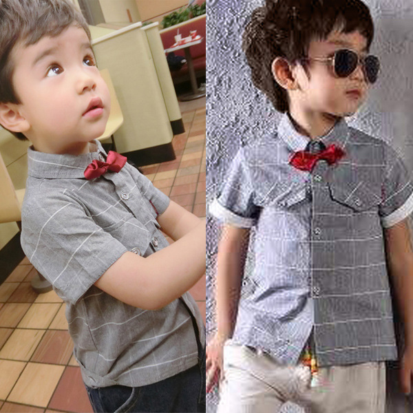 YE2156夏2016韓国薄い綿ストライプグリッドネクタイ子供男の子シャツ-キッズ服　シャツ、トップス問屋・仕入れ・卸・卸売り