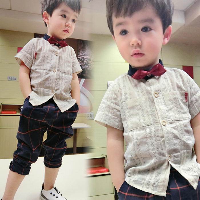 YE2159夏リネンコットンショートスリーブフォーマルネクタイ子供男の子シャツ-キッズ服　シャツ、トップス問屋・仕入れ・卸・卸売り