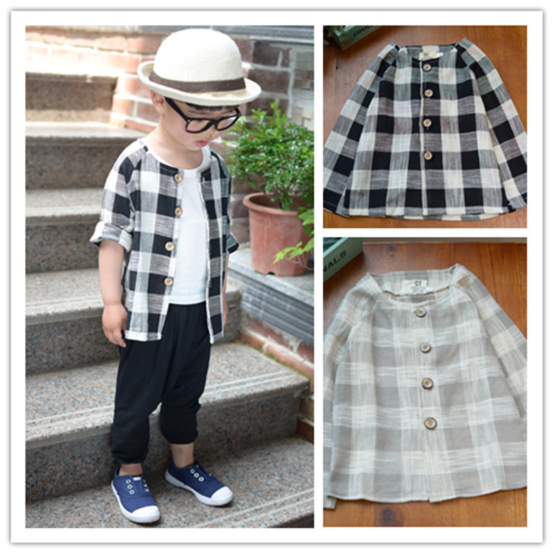 YE2302秋リネンコットンチェック柄スポーツ男の子シャツ-キッズ服　シャツ、トップス問屋・仕入れ・卸・卸売り
