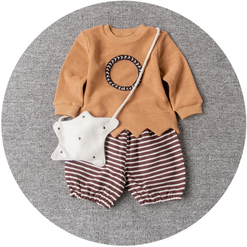 YF7185子供カジュアル服刺繍入りファッションボーダーニット赤ちゃんツーピース-キッズ服　シャツ、トップス問屋・仕入れ・卸・卸売り