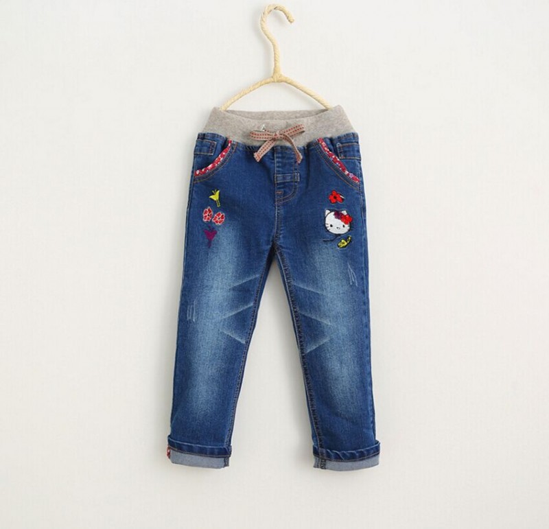 漫画の猫カジュアルデニムのズボン刺繍入り花用chidガール-キッズ服　ジーンズ問屋・仕入れ・卸・卸売り