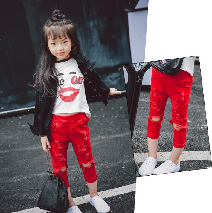 女の子新しいファッションジーンズで穴-キッズ服　ジーンズ問屋・仕入れ・卸・卸売り