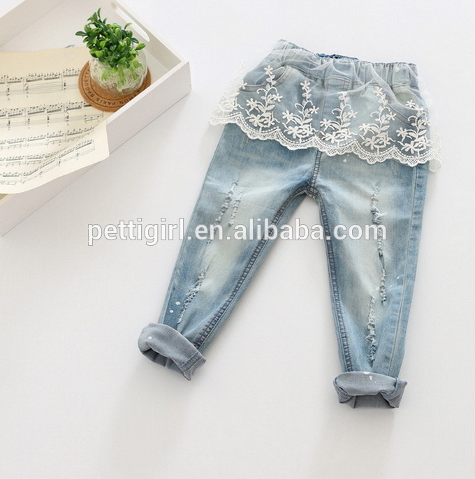 白塗り子供デニム ジーンズ パンツ レース女の子服PT80810-14-キッズ服　ジーンズ問屋・仕入れ・卸・卸売り