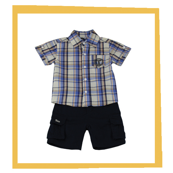 2014年糸- 染めチェックと綾男の子のシャツと黒ショートパンツ男の子夏服セット-キッズ服　セット問屋・仕入れ・卸・卸売り