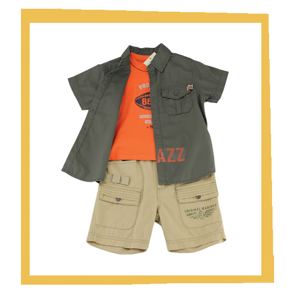 アーミーグリーン2014年オレンジ色のtシャツ男の子のシャツとカーゴパンツとキャンバス-キッズ服　セット問屋・仕入れ・卸・卸売り