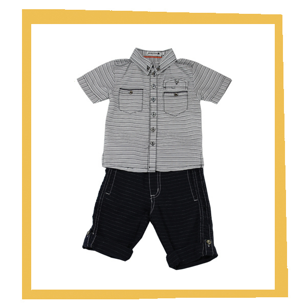 高品質2014年縞模様の男の子のシャツストライプ付き黒ショートパンツ-キッズ服　セット問屋・仕入れ・卸・卸売り