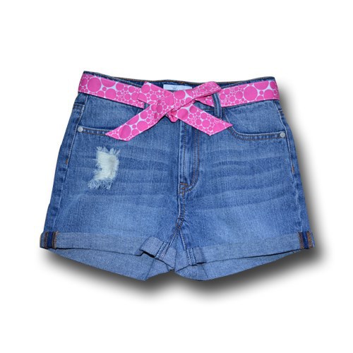 女の子青い洗浄ジーンズピンクポプリンプリントベルト付きショートパンツ-キッズ服　ジーンズ問屋・仕入れ・卸・卸売り