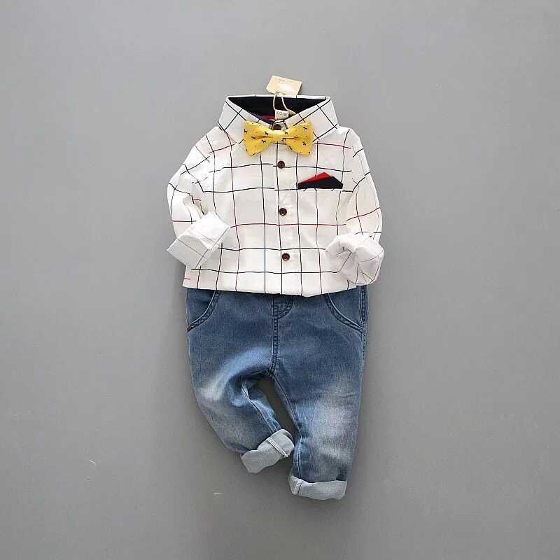 F20189A新しいヨーロッパスタイル男の子の服セット格子縞のシャツジーンズパンツ男の子用子供服-キッズ服　セット問屋・仕入れ・卸・卸売り