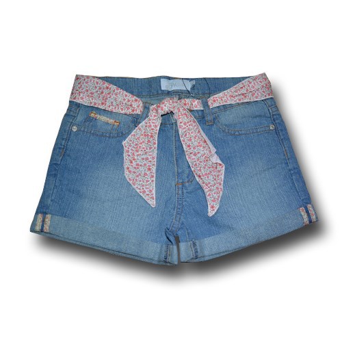 青い洗浄したロール- カフデニムショートパンツを花柄ポプリンベルト-キッズ服　ジーンズ問屋・仕入れ・卸・卸売り