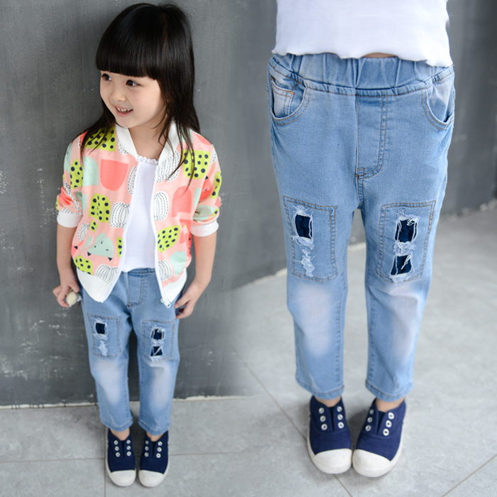 すてきな中国の秋のファッションスタイルの穴女の子のデニムのズボンのジーンズのパッチ-キッズ服　ジーンズ問屋・仕入れ・卸・卸売り