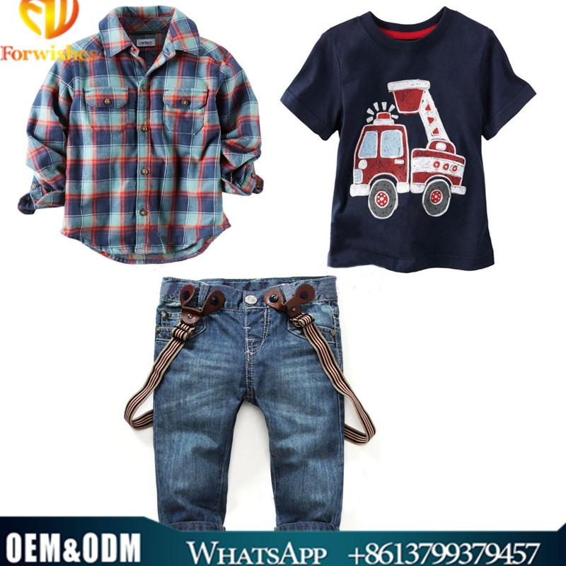 2016新しい到着ファッション男の子服セット子供の純粋な綿トップス + チェック柄tシャツ + デニム ジーンズ三ピース扮-問屋・仕入れ・卸・卸売り