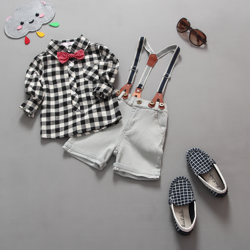 子供服yf7079summer格子縞の綿のシャツとズボンの男の子の服のスーツ-キッズ服　セット問屋・仕入れ・卸・卸売り