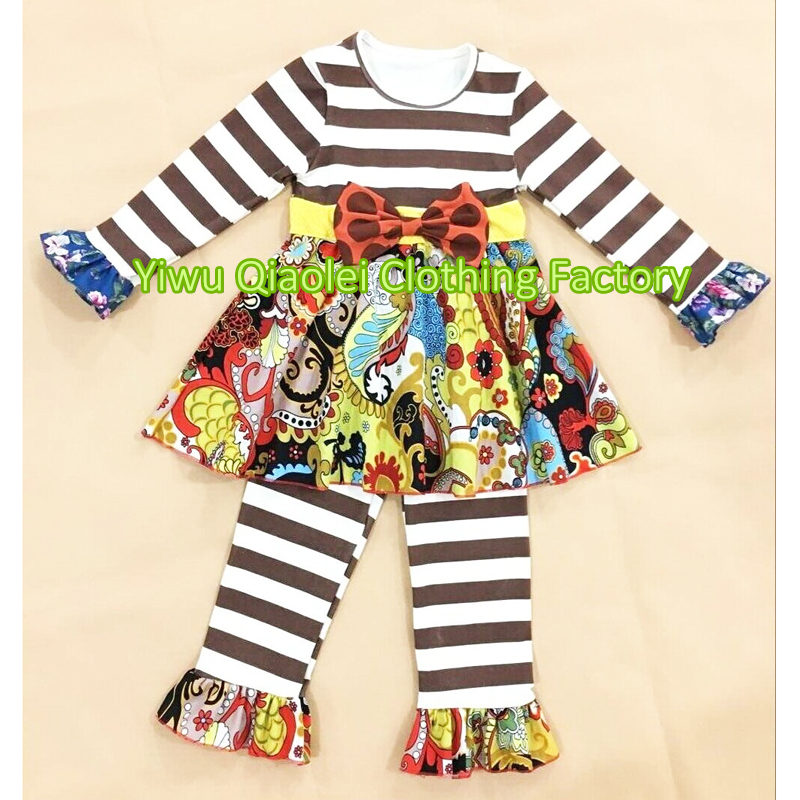 2016卸売ファッション綿ストライプドレス一致秋フリルパンツ女の子ブティックoutfirts-キッズ服　セット問屋・仕入れ・卸・卸売り