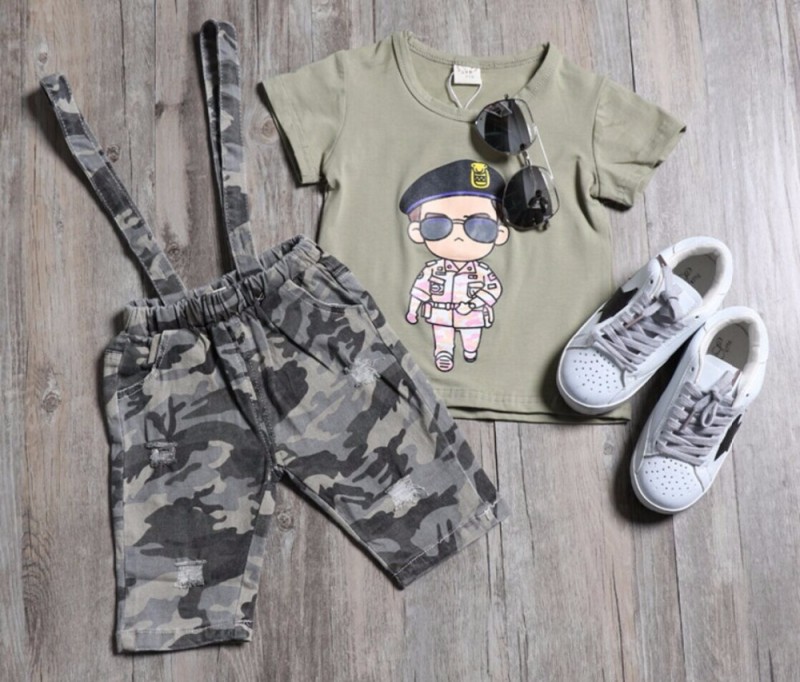 迷彩服ベビー男の子ツーピーススーツcarttoonのキャラクタープリントtシャツ+オーバーオールtwinset用男の子-キッズ服　セット問屋・仕入れ・卸・卸売り