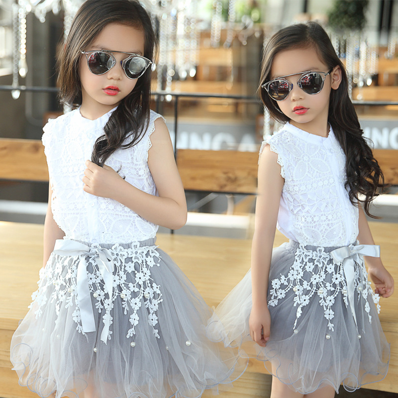 ティーンの女の子夏の服2016最新韓国女の子トップス+レースチュチュスカートツーピースセット子供服スーツ-キッズ服　セット問屋・仕入れ・卸・卸売り