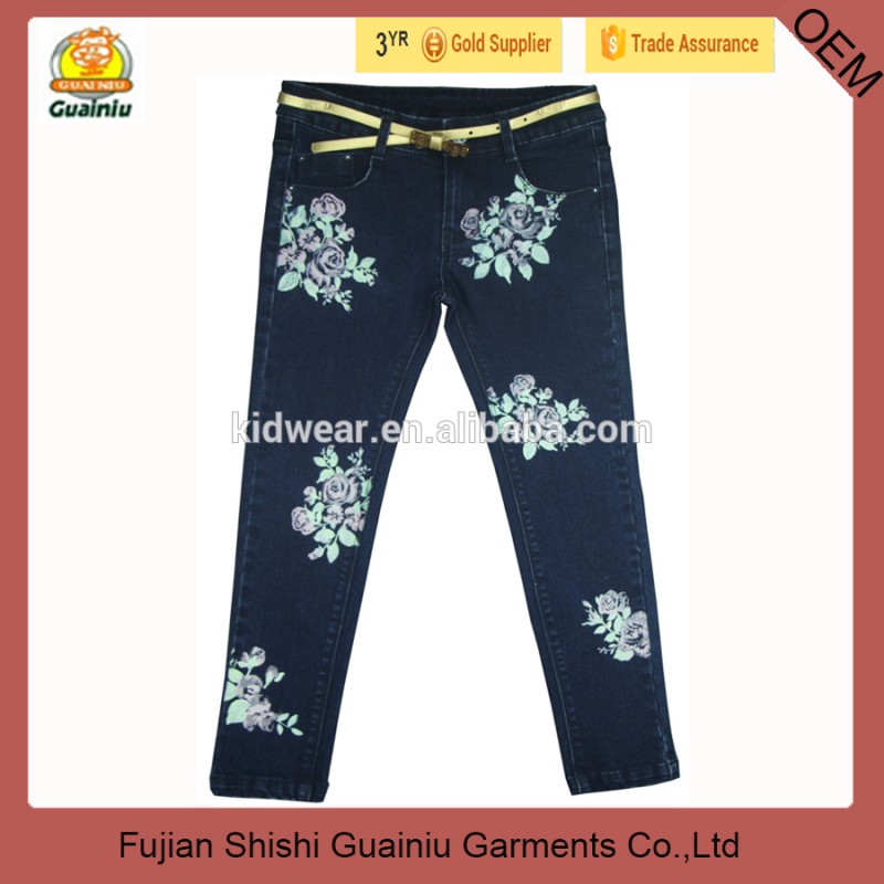 新しい花プリント柄キッズ女の子デニムジーンズパンツ-キッズ服　ジーンズ問屋・仕入れ・卸・卸売り