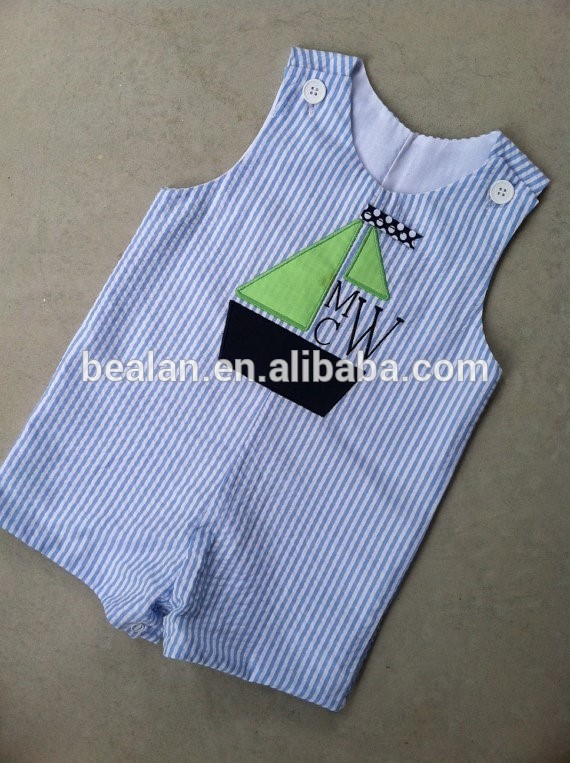 新しい赤ちゃん2015smcoked刺しゅう衣類・青のストライプのシアサッカーベビー男の子shortall-キッズ服　セット問屋・仕入れ・卸・卸売り