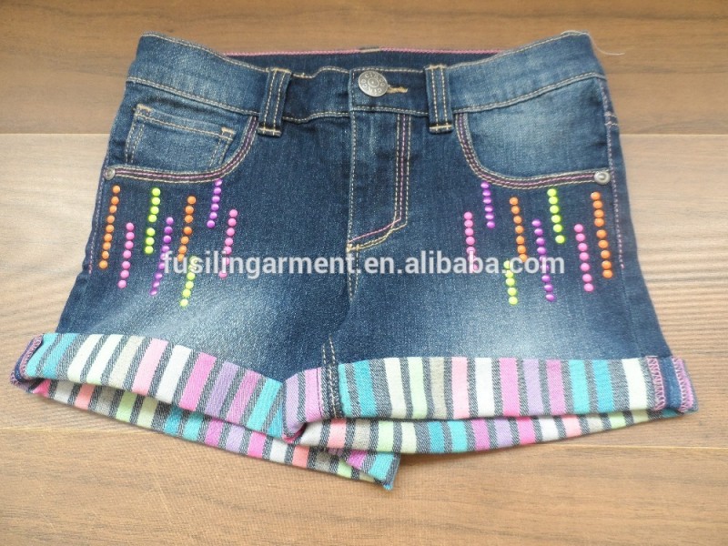 綿ポリエステルdenimnラインストーン付きネイビーブルーのコントラスト裾大きな貨物バミューダ諸島の女の子のファッションジーンズ-キッズ服　ジーンズ問屋・仕入れ・卸・卸売り