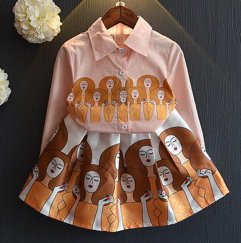 子供プリントシャツとスカートのための女の子ドレスセット-キッズ服　セット問屋・仕入れ・卸・卸売り