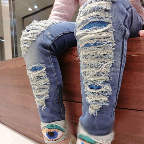 韓国の秋taz160252014年穴付きトップパンツデザイン印刷された漫画の目のファッションの女の子のジーンズ-キッズ服　ジーンズ問屋・仕入れ・卸・卸売り