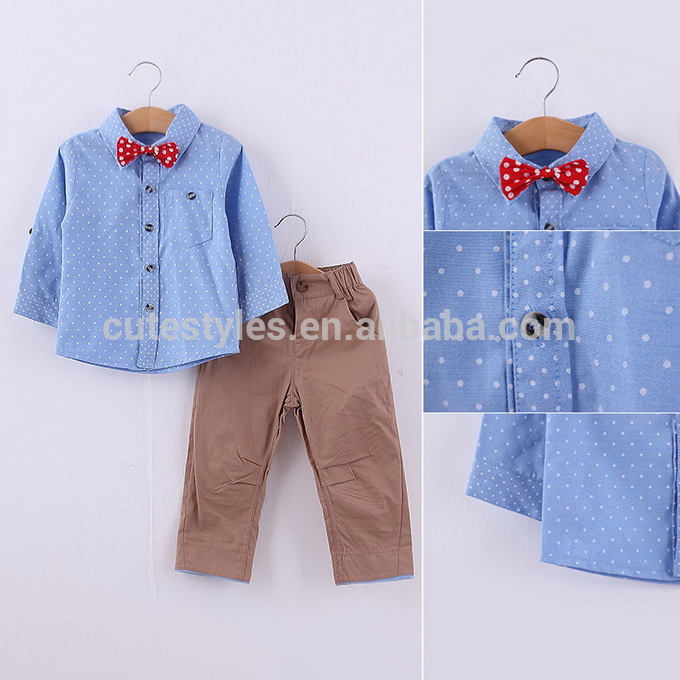 最高品質の水玉柄・ピンクの弓三個のスーツロングスリーブのズボン男の子の服のセットの子供の全体的なカジュアルcs80806-36-キッズ服　セット問屋・仕入れ・卸・卸売り