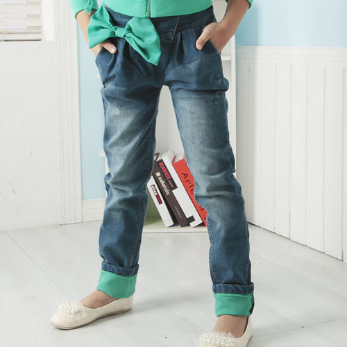 韓国の秋taz160122014年ちょう結びを持つ新しいスタイル上部売りファストファッションの女の子のジーンズ-キッズ服　ジーンズ問屋・仕入れ・卸・卸売り
