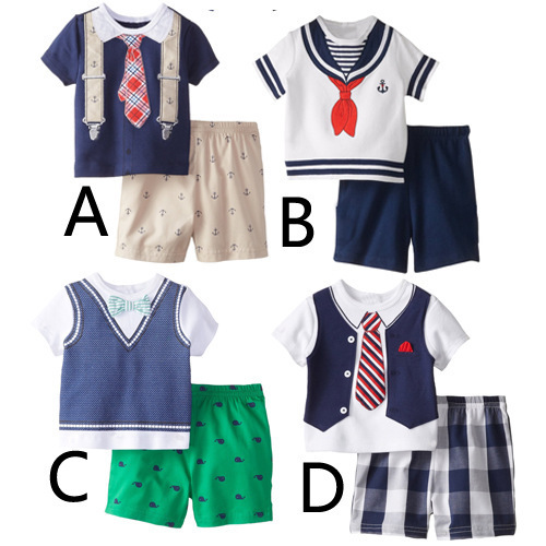 夏プリント半袖男の子genlteman服セット-キッズ服　セット問屋・仕入れ・卸・卸売り