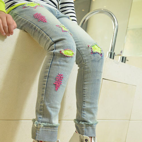 韓国の秋taz160262014年新しいスタイルの花が印刷されたトップライト青鉛筆のズボンのファッションの女の子のジーンズ-キッズ服　ジーンズ問屋・仕入れ・卸・卸売り
