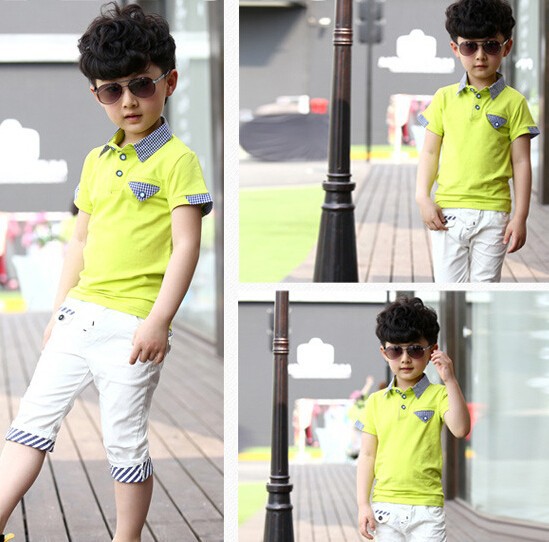 W91476a2015夏子供服、 子供をセット男の子服セット子供用t- シャツ半袖でラペル格子縞のパンツスーツ-キッズ服　セット問屋・仕入れ・卸・卸売り