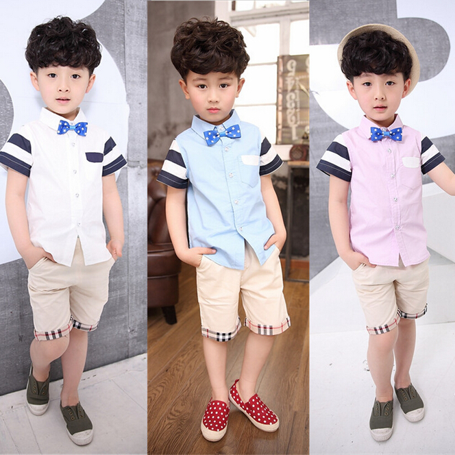 2016夏子供服シャツ男の子半袖ツーピースでネクタイ子供セット-キッズ服　セット問屋・仕入れ・卸・卸売り