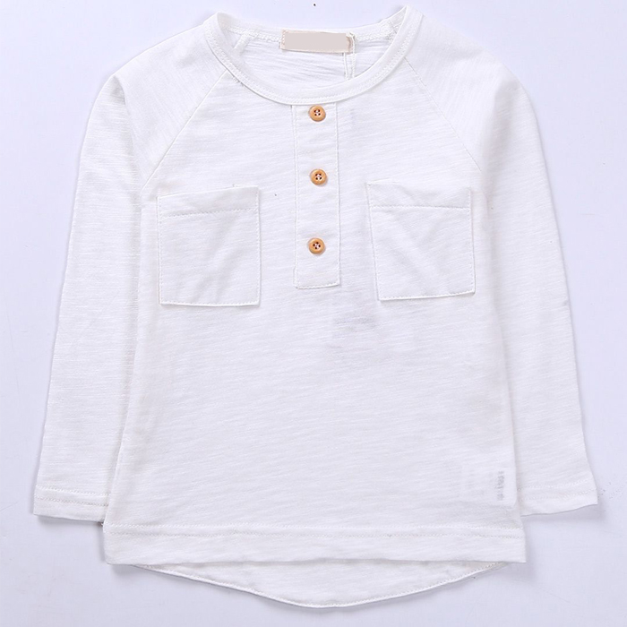 ホワイトロングスリーブボタンoネック赤ちゃんtシャツ平野-キッズ服　Tシャツ問屋・仕入れ・卸・卸売り