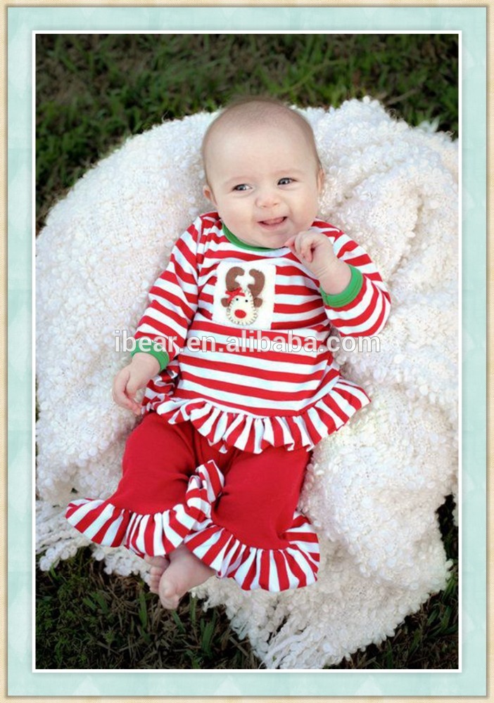 高品質男の子服新生児服ブティック冬クリスマス衣装トナカイ刺繍ストライプトップ&フリルパンツセット-キッズ服　セット問屋・仕入れ・卸・卸売り