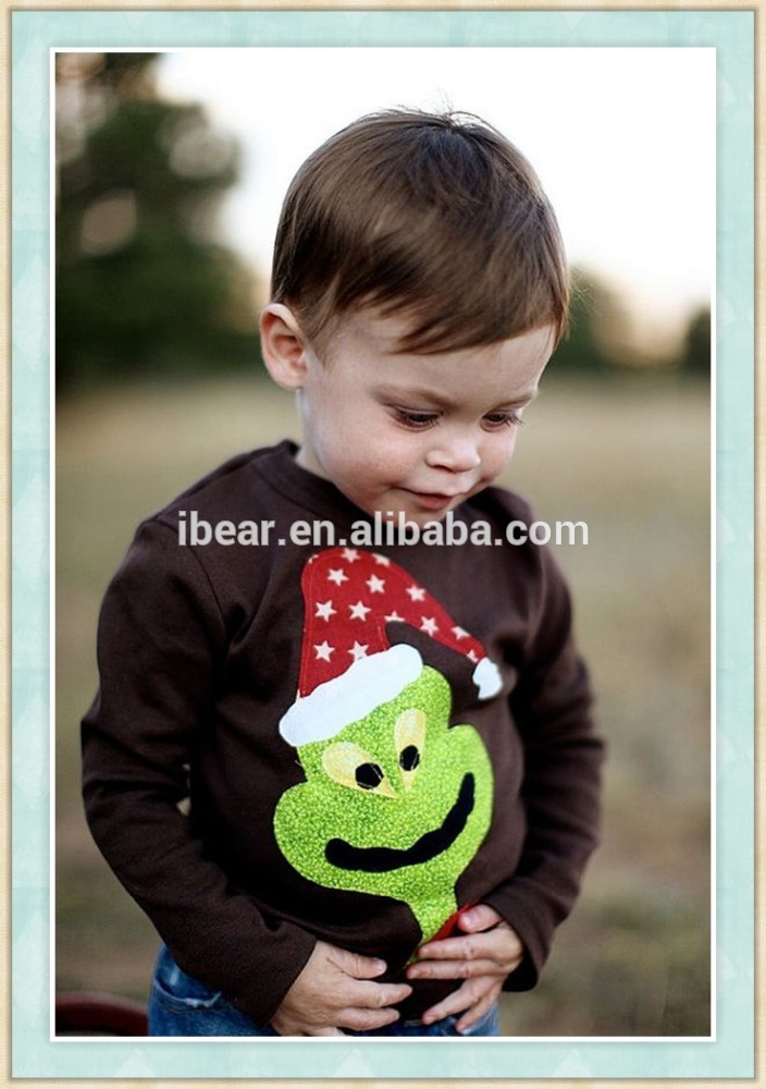 男の子グリンチ刺繍フリルラグランtシャツアップリケ刺繍tシャツクリスマスグリンチアイシングラグランシャツ-キッズ服　セット問屋・仕入れ・卸・卸売り