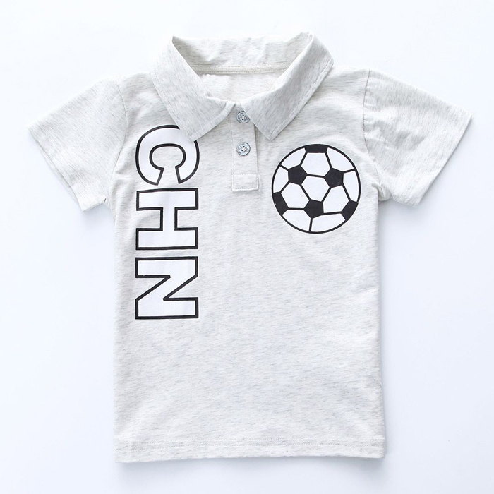 スタイリッシュなフットボールプリント白ポロシャツ子供-キッズ服　Tシャツ問屋・仕入れ・卸・卸売り