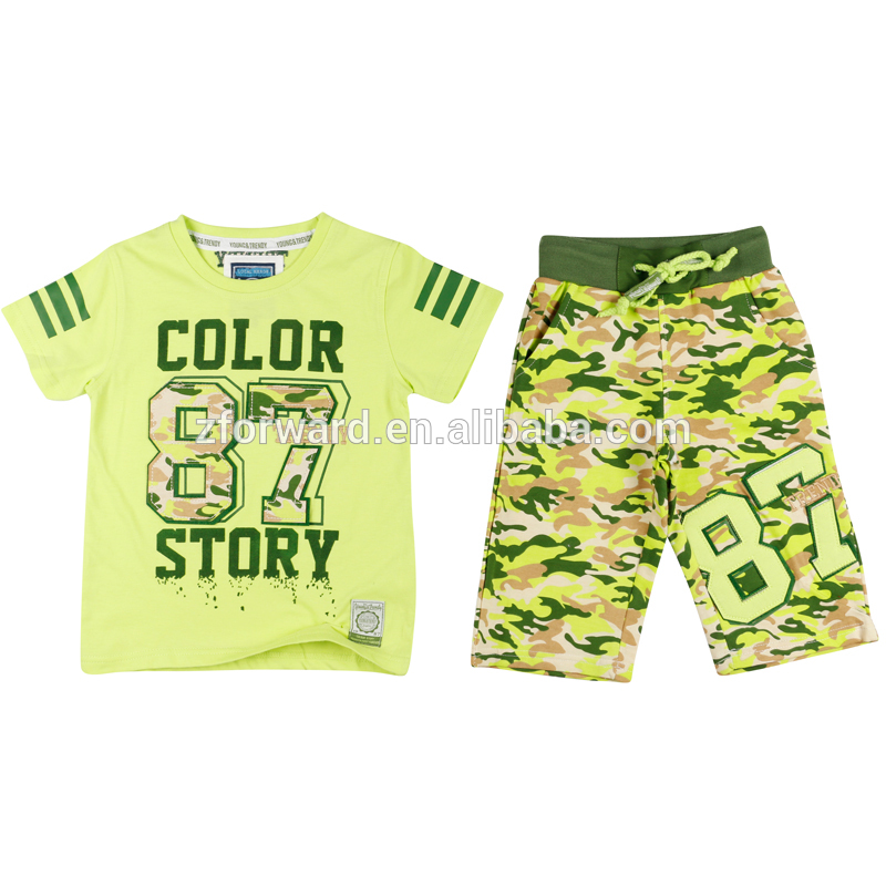 半袖パーカーgreenyellowマッチングの総模様プリントフレンチテリーズボンの子供たち衣装キッズスポーツウエア-キッズ服　セット問屋・仕入れ・卸・卸売り