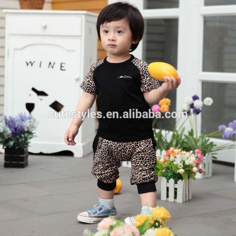 ファッション黒の半袖tシャツヒョウプリントカジュアルズボンの子供たちセットbt40411-70幼児の赤ん坊のスーツの衣装-キッズ服　Tシャツ問屋・仕入れ・卸・卸売り