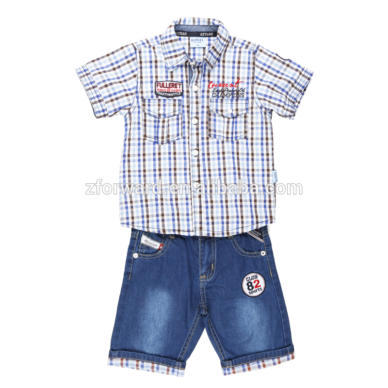 新しい男の子のジーンズ短い袖の格子縞のシャツビブパンツ男の子子供衣服セットの赤ん坊の幼児の衣類-キッズ服　セット問屋・仕入れ・卸・卸売り