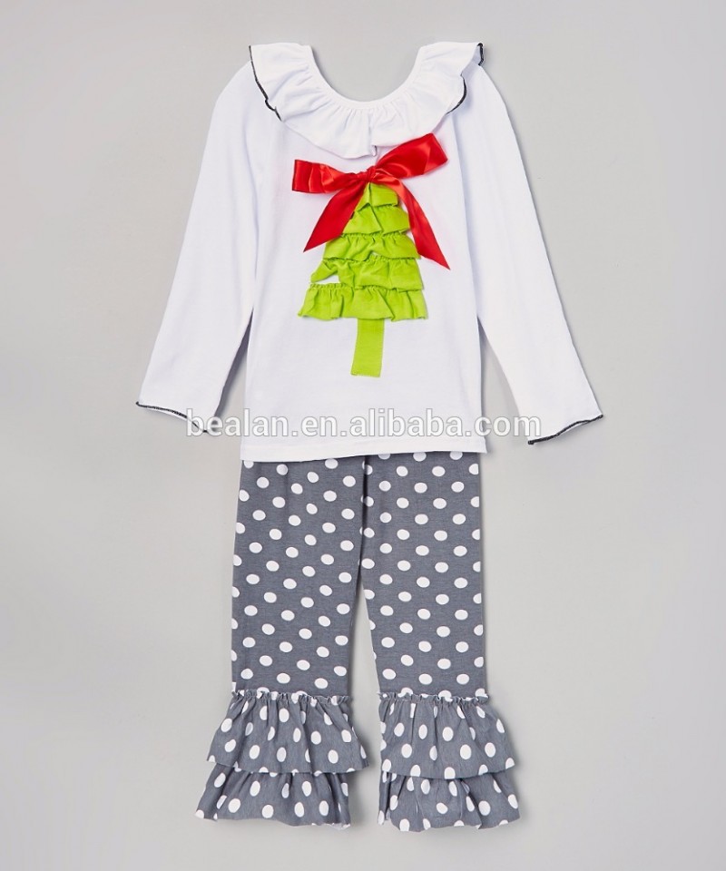 子供クリスマス服セット:ロングスリーブフリルトップ付きグレードットフリルパンツセット-キッズ服　セット問屋・仕入れ・卸・卸売り