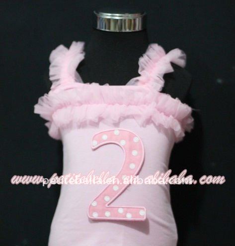 第2ピンクのポルカドットはPettiskirt MATM107のための細い肩ひものひだのPettitopの上を飾る-キッズ服　シャツ、トップス問屋・仕入れ・卸・卸売り