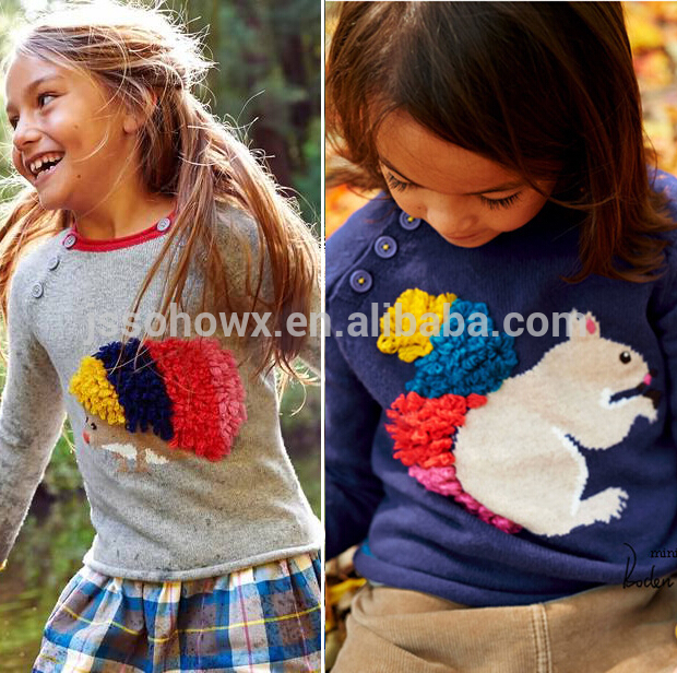 リスの刺繍100％綿の女の子のカジュアルなセーター-キッズ服　セーター問屋・仕入れ・卸・卸売り