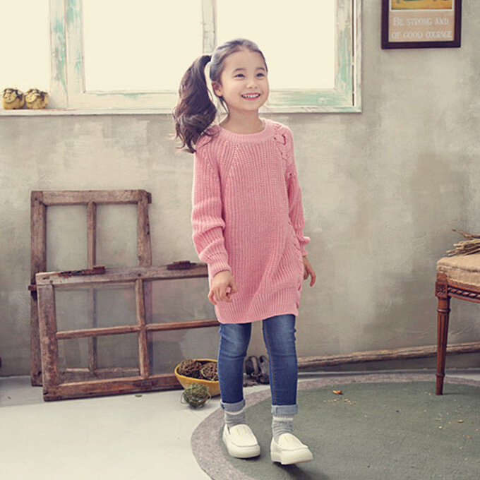 シンプルなデザインは、 摩耗を編んだ子供の女の子のセーターピンクのロングgd81105-31卸売子供の冬服-キッズ服　セーター問屋・仕入れ・卸・卸売り