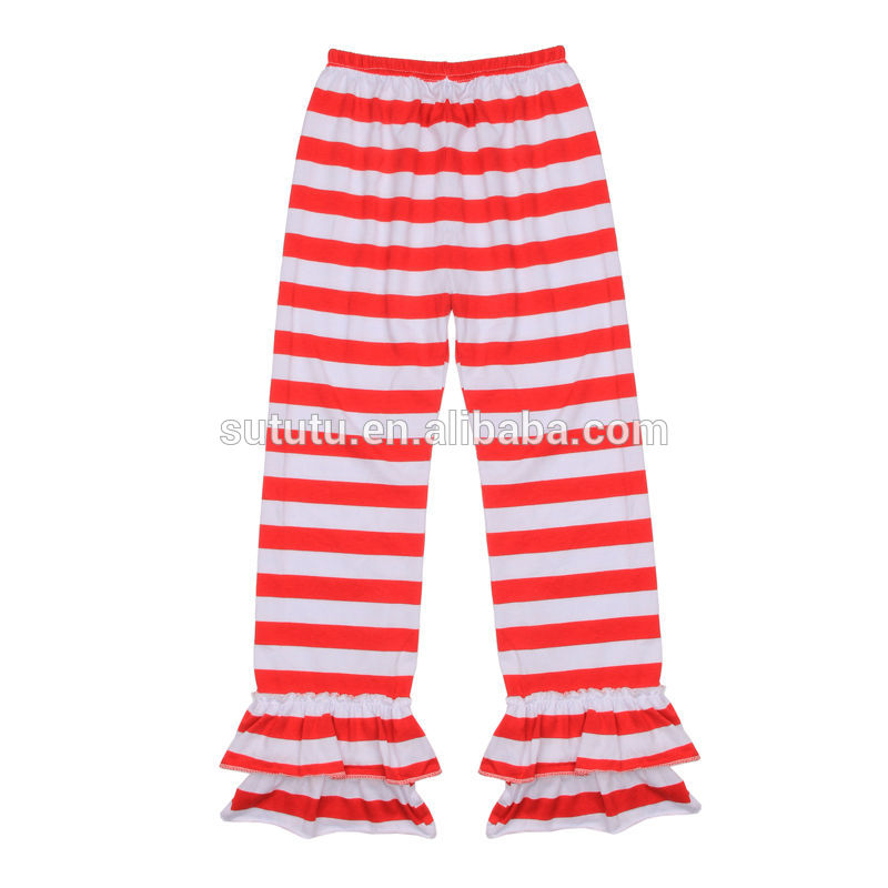 シンプルなデザインの新しい到着の若い女の子のパンツ女の子フリルのパンツセット販売のためのフローラル秋層の綿ストライプパンツ-ズボン問屋・仕入れ・卸・卸売り