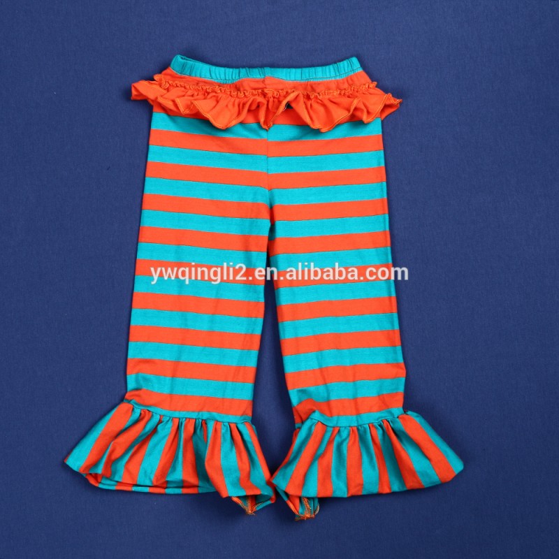 YJ-278こうるさい備考オレンジとブルーストリッププリントフリルパンツ秋の女の子服卸売赤ちゃんboutiqe縫うサッシー-ズボン問屋・仕入れ・卸・卸売り