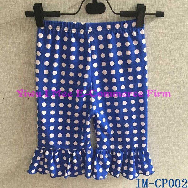 中国安価なフリルの服卸売かわいい赤ちゃん女の子ブルードットの綿カプリパンツim-cp002ある一つの大きなフリル-ズボン問屋・仕入れ・卸・卸売り