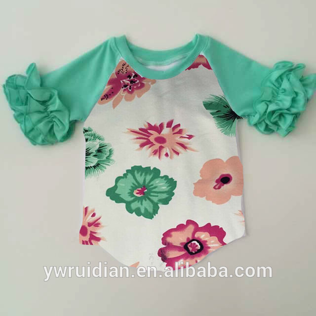最新デザインの赤ちゃん女の子素敵なプリントフラワーtシャツトップ品質カスタムコットン服用リトル子供フリルtシャツ-キッズ服　シャツ、トップス問屋・仕入れ・卸・卸売り