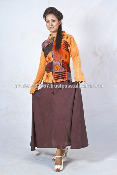女の子のロングスカート/綿/高品質/ネパール/コーヒー色-プラスサイズドレス、スカート問屋・仕入れ・卸・卸売り