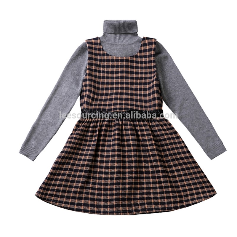ブティック子供服2ピースニットセーターと格子縞のシャツドレス-キッズ服　セット問屋・仕入れ・卸・卸売り